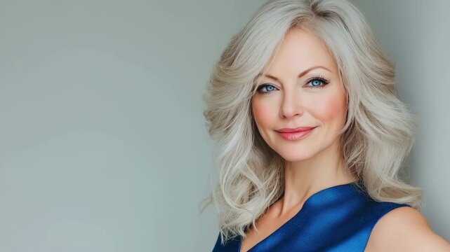 Slow motion video of beautiful middle aged mature woman with gorgeous smile blond grey hair wearing blue dress.Zoom out.AI Generative.