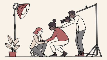 Photo Studio Illustration Diverse Team of Photographers and Models in a Creative Setting.