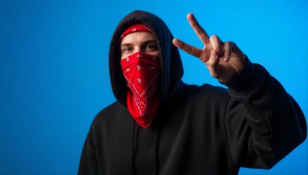 Young man in a black hoodie and red bandana making a peace sign. Anonymous protestor portrait on a blue background. Activism and social movement concept - Powered by Adobe