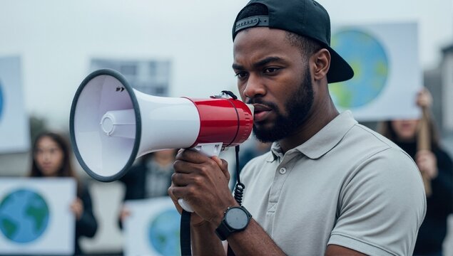 Young man leading a protest with a megaphone during a street march. Activist speaking to a crowd at a public rally. Social movement and civic engagement concept