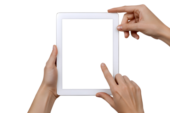 Two hands interacting with a white tablet computer screen isolated on transparent background