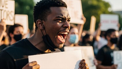 A passionate man shouting at a protest while holding a blank sign. Crowd of activists at a public demonstration. Social movement and freedom of expression concept