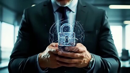 Cybersecurity concept with a businessman holding a smartphone displaying a glowing digital padlock representing data protection online privacy and network secur - Powered by Adobe