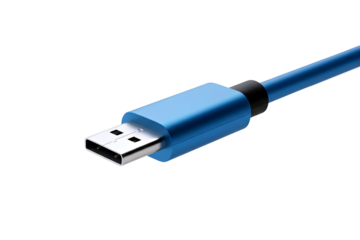 Close up of a blue usb 3 0 cable connector isolated on transparent background