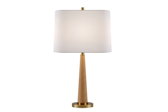 Modern wooden table lamp with white square lampshade isolated on transparent background