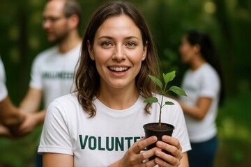 Young Woman Smiling While Holding A Sapling At A Volunteer Event In A Forested Area, Symbolizing Growth And Environmental Care