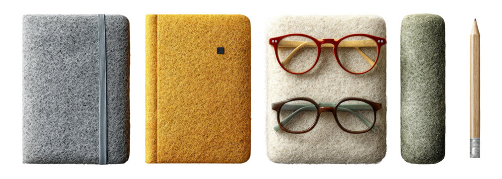 Stylish Felt Accessories Including Notebook and Eyeglasses on Transparent Background