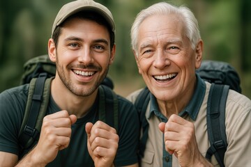 Two cheerful hikers, from different generations, smiling together in a lush outdoor setting during a hike, showcasing family bonding and adventure