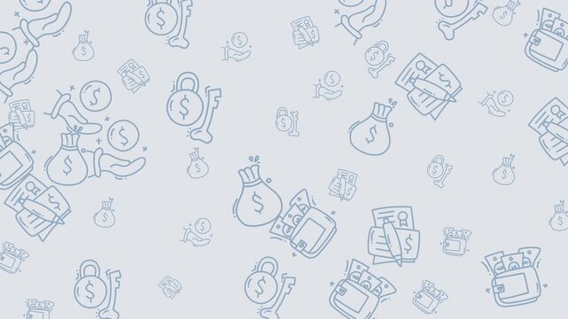 Animated seamless pattern with hand-drawn doodles of money bags, coins, and wallets on a light blue background. Perfect for finance, economy, or business-themed projects