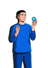 Young Man Holding Glowing Digital Cyber Seed Vector