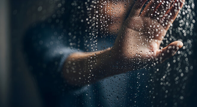 Human hand pressing against a rain-streaked window, conveying a profound sense of isolation and introspective reflection