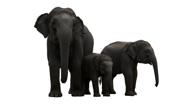 Three Elephants Isolated Realistic Image Black Background