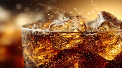 A close-up of cola surface with bubbling carbonation and floating ice, rich golden-brown tones, clean simple background, no text, no logo