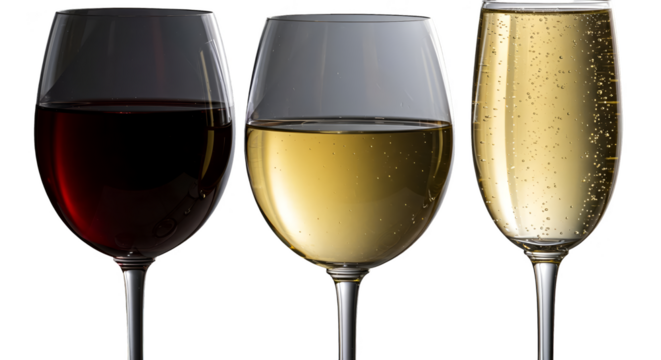 Three Wine Glasses Isolated White Red And Sparkling Wine