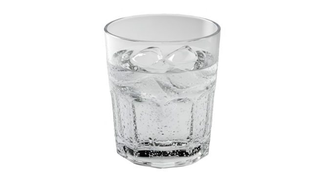 Transparent 3d illustration of glass with ice cubes and clear liquid