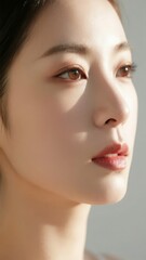 Close-up portrait of a person with soft lighting highlighting facial features and natural makeup