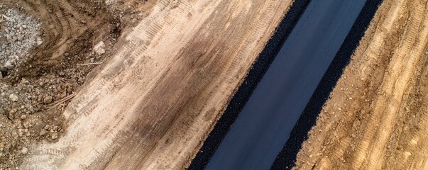 Construction infrastructure highway heavy-duty concept. Aerial view of a textured landscape with a narrow waterway.