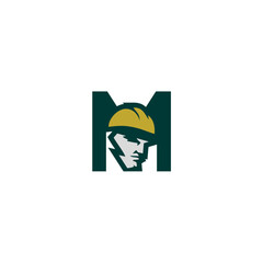 A stylized logo featuring a worker's face with a hard hat, integrated within a dark green letter M shape.