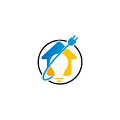 A stylized logo featuring a house outline with a lightbulb shape inside, encircled with an electric plug and cord.