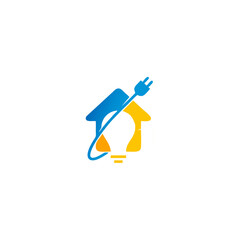 Stylized house icon with a lightbulb shape inside, connected to a plug by a curved line, in blue and yellow.