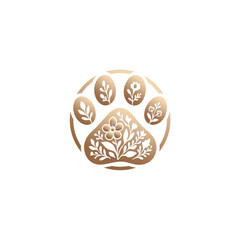A golden paw print filled with floral elements, set within a circular frame, on a white background.