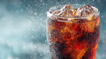 A perfectly chilled glass of cola with ice cubes and rising bubbles, condensation sparkling under light, clean and modern background, no text, no logo