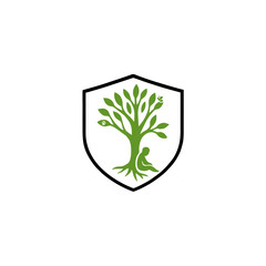 Green tree with a seated figure at its base, an eye on a branch, within a black-bordered shield.