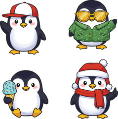 Cartoon penguin characters, festive and summer outfits, ice cream and Santa hat, playful animal illustration, cad drawing flat vector illustration