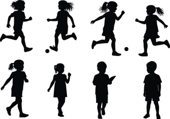 Children silhouette walking, running, playing, reading, expressive poses, school kids, black outline, white background, activity, education, dynamic movement, ponytail, book, interaction