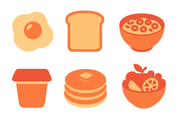 Six stylized breakfast food icons including egg, toast, pancakes, and cereal bowl