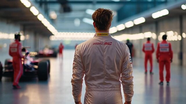 Racing driver in garage, looking back at his team. Possible use for stock photos