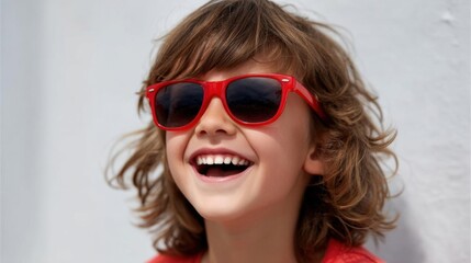 Close-up portrait of a young boy with shoulder-length brown hair. he is wearing a pair of red sunglasses with black lenses. the boy is smiling widely and appears to be laughing.