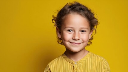 Portrait of a young girl with curly hair. she is smiling and looking directly at the camera. the background is a solid yellow color.