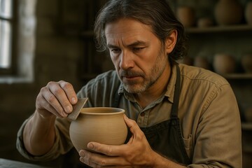 A Middle Aged Potter Focuses on Perfecting a Clay Pot in a Rustic Studio Setting With Natural Lighting and Shallow Depth Of Field