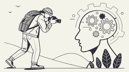 Photographer taking pictures in nature creative process gears in head illustration concept art.