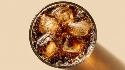A top-down view of a glass of cola with crystal-clear ice cubes, bubbles sparkling in the light, on a simple neutral background, no text, no logo