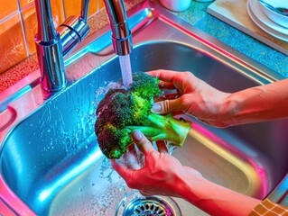 Hands wash broccoli under the sink tap with bright kitchen lighting