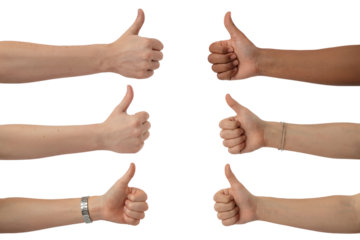Six hands giving the thumbs up, representing agreement or approval. Isolated on transparent background, png
