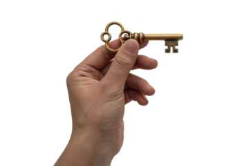 Hand holding a golden key, a symbol of opportunity and access. Isolated on transparent background, png