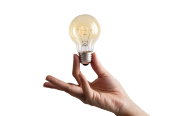 Hand holding a glowing light bulb, representing innovation. Isolated on transparent background, png