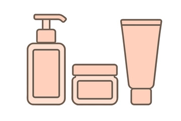 Minimalist set of cosmetic containers featuring pump bottle, cream jar, and lotion tube