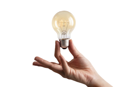 Hand holding a glowing light bulb, representing innovation. Isolated on transparent background, png