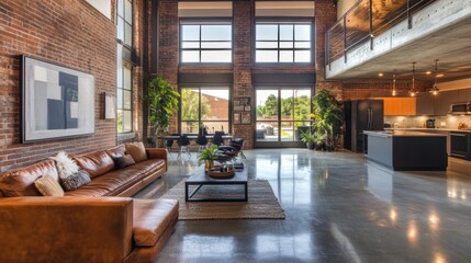 Fototapeta premium Stylish interior with a leather sofa and large windows