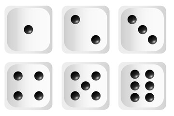Vector set of white and black dice icons, close-up. Gambling dice. Concept for casinos and other games. Element for your design.