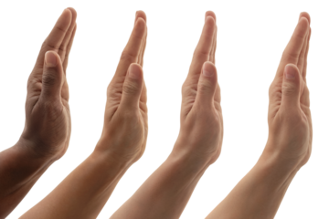 Hands of different colors raised, demonstrating diversity and unity. Isolated on transparent background, png