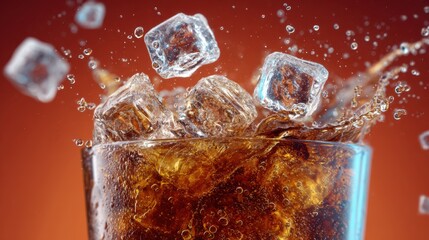 Close-up of ice cubes splashing into a glass of fizzy cola, droplets frozen in motion, refreshing and realistic, simple background, no text, no logo