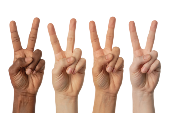 Four diverse hands making the peace sign. Isolated on transparent background, png