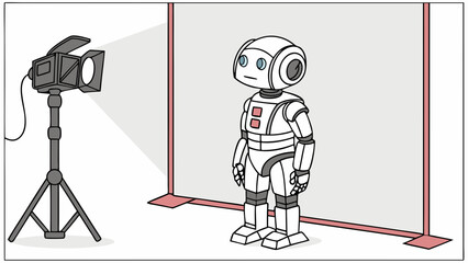 Robot in a photography studio setup illustration digital art cartoon character artificial intelligence technology futuristic modern white robot lighting equipment studio light backdrop.