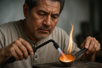 Silversmith Engaged In Traditional Crafting With Blowtorch And Molten Metal, Showcasing Heritage Techniques Indoors, With Shallow Depth Of Field