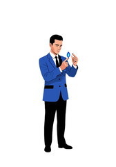 Obraz premium Businessman Examining Small Glowing Blue Data Object Vector